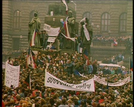 1989 Velvet Revolution under statue of Wenceslas